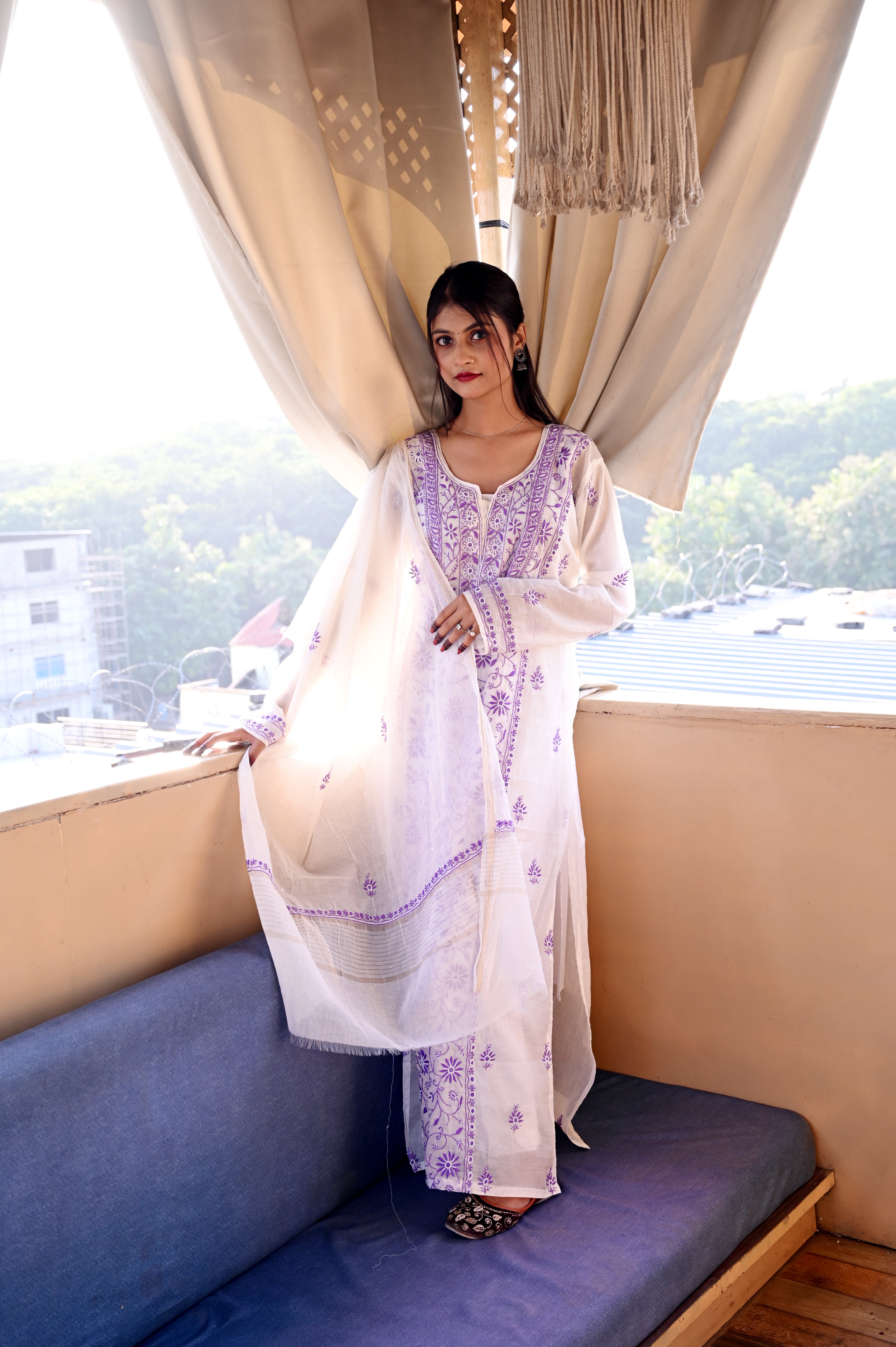 SEMI MALMAL CHIKAN KAARI PANEL WORK SUIT (PURPLE THREAD) WITH PEARL AND CUTDANA WORK