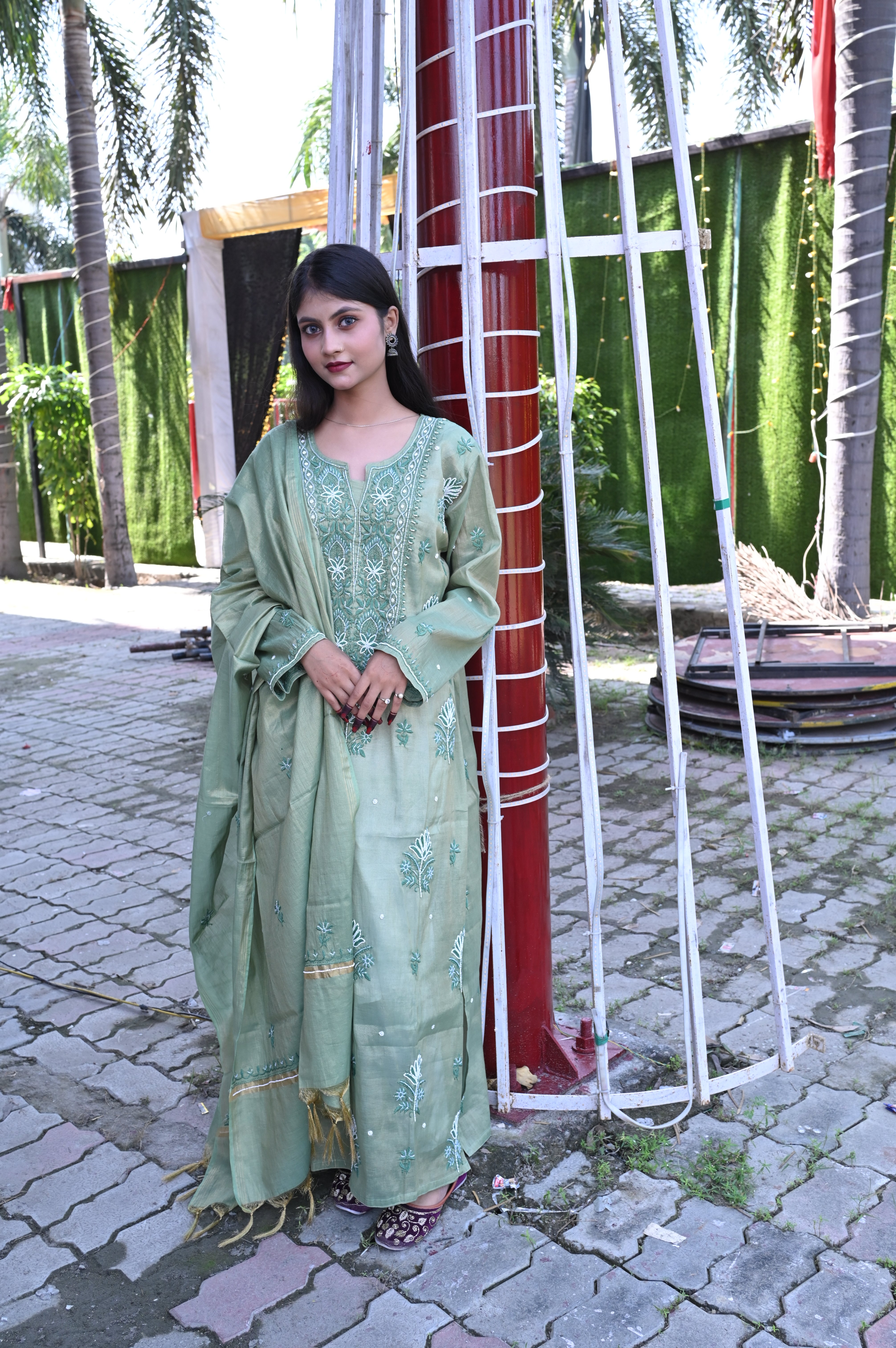 TISSUE CHIKAN KARI GALA BUTA SUIT WITH PEARL AND CUTDANA WORK