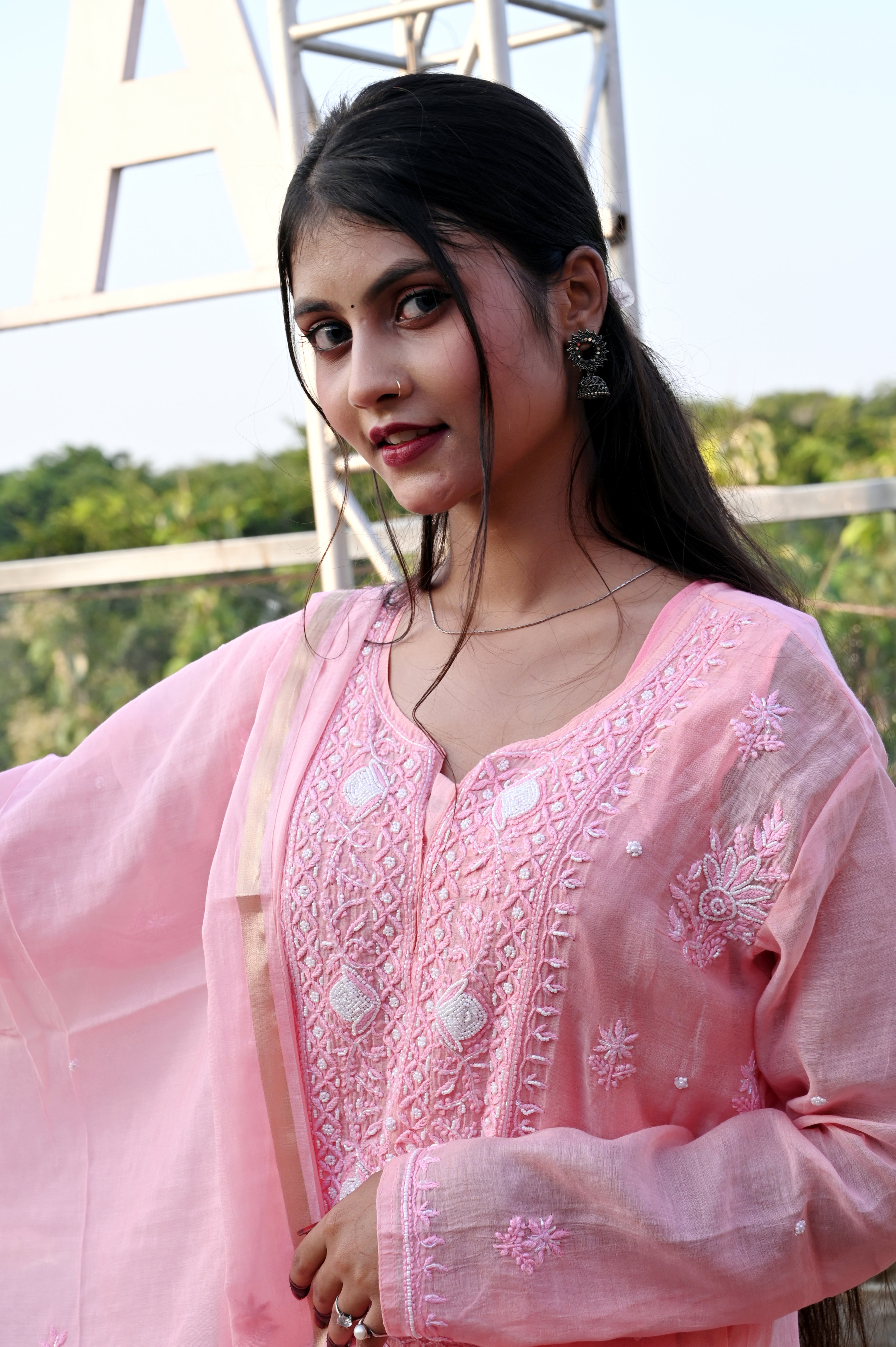 PURE MALMAL CHIKAN KARI GALA BUTA SUIT WITH PEARL AND CUTDANA WORK