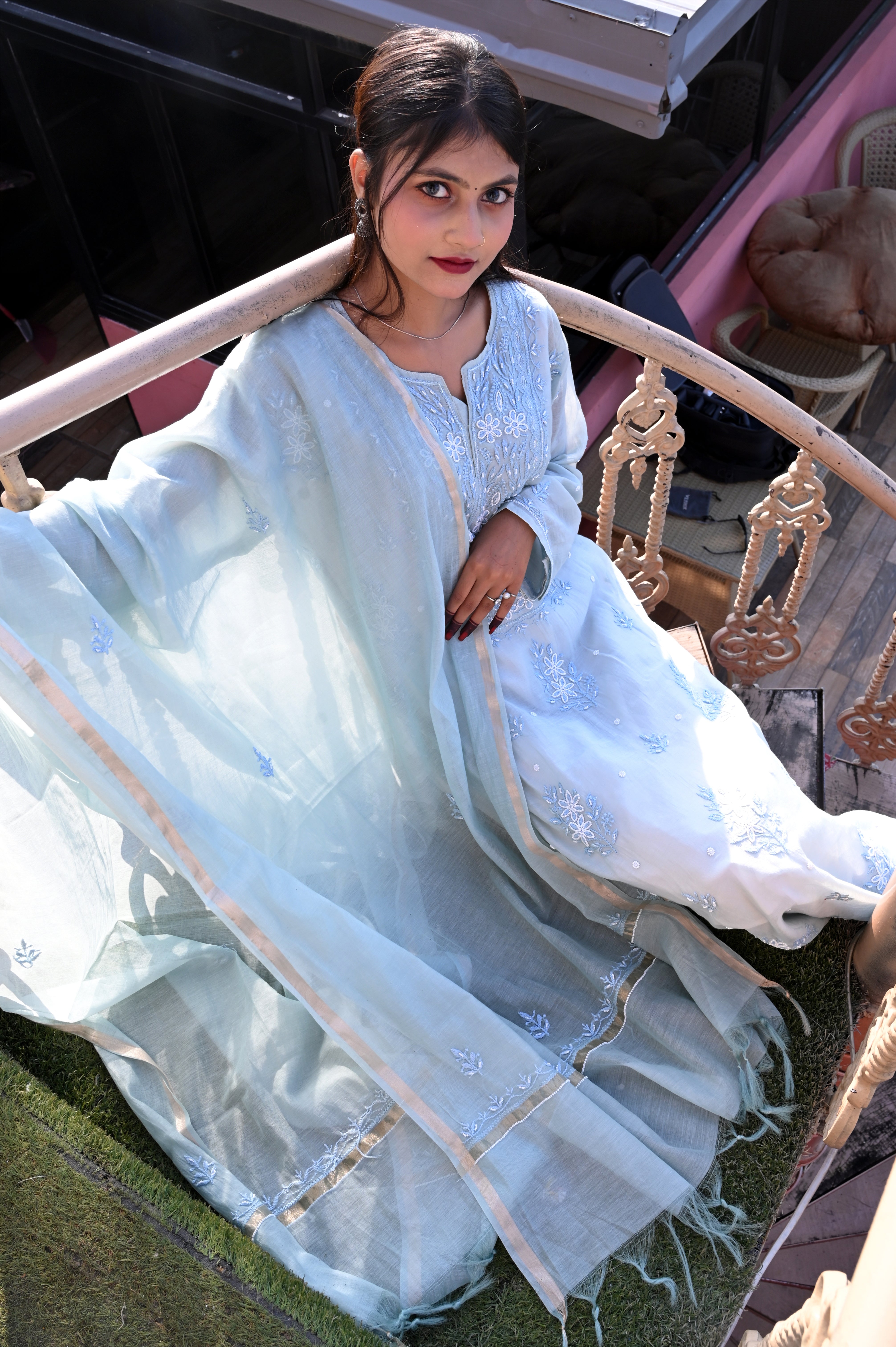 PURE MALMAL CHIKAN KAARI GALA BUTA SUIT WITH PEARL AND CUT DANA WORK