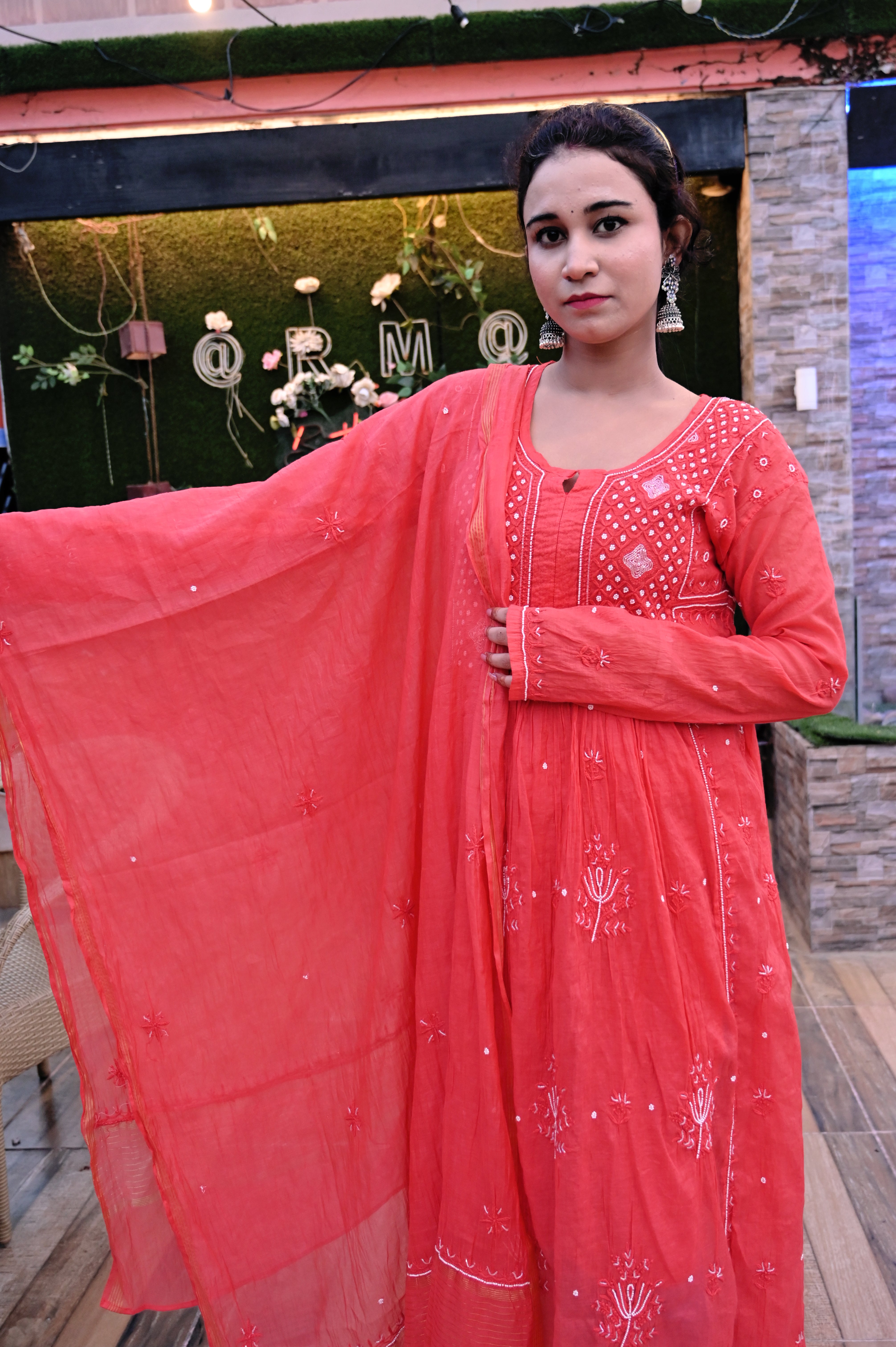 PURE MALMAL CHIKAN KAARI SEMI STICHED GOWN WITH PEARL WORK INCLUDING DUPATTA