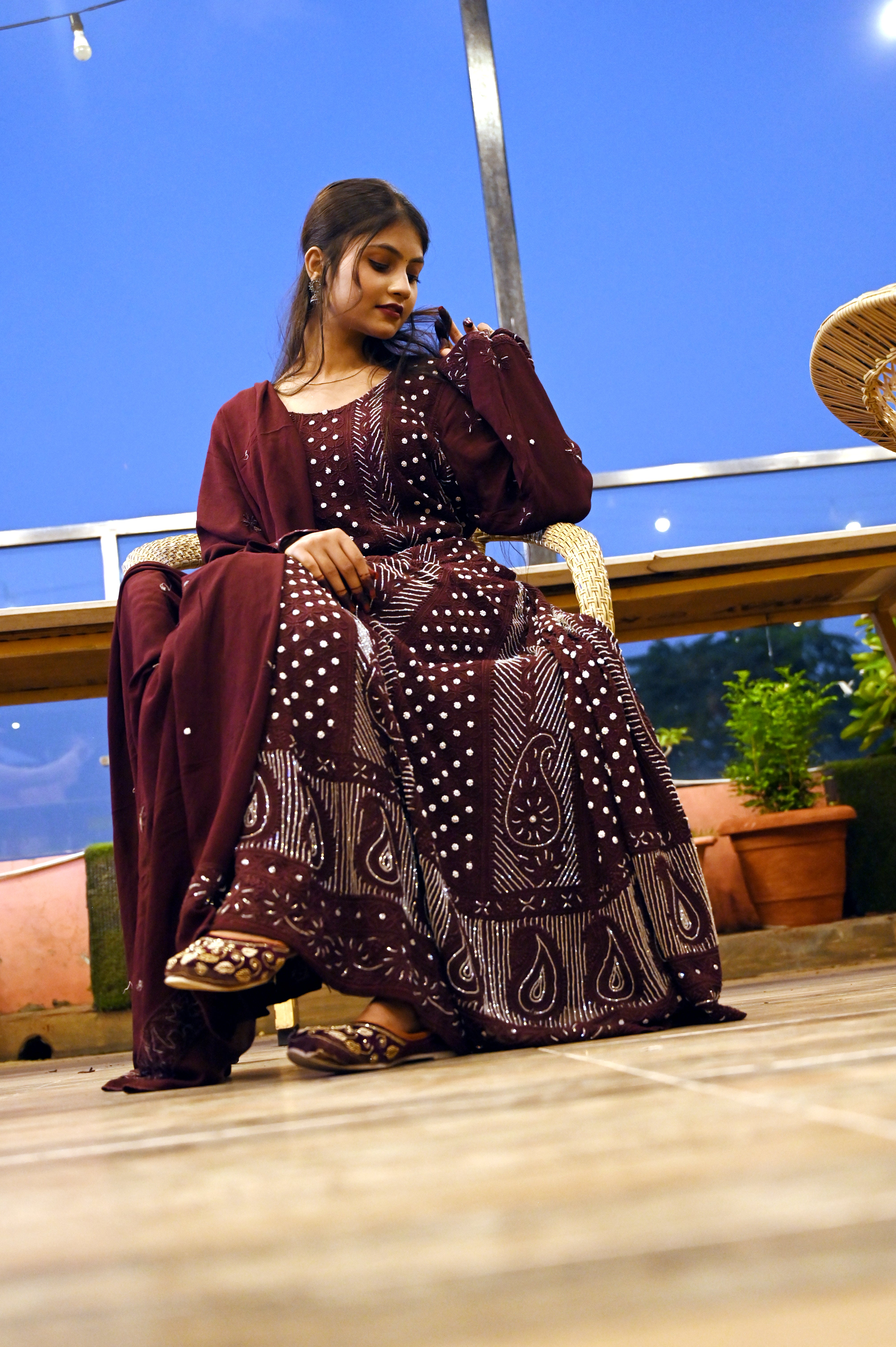 GEORGETT CHIKAN KAARI ANARKALI WITH PEARL WORK INCLUDING DUPATTA