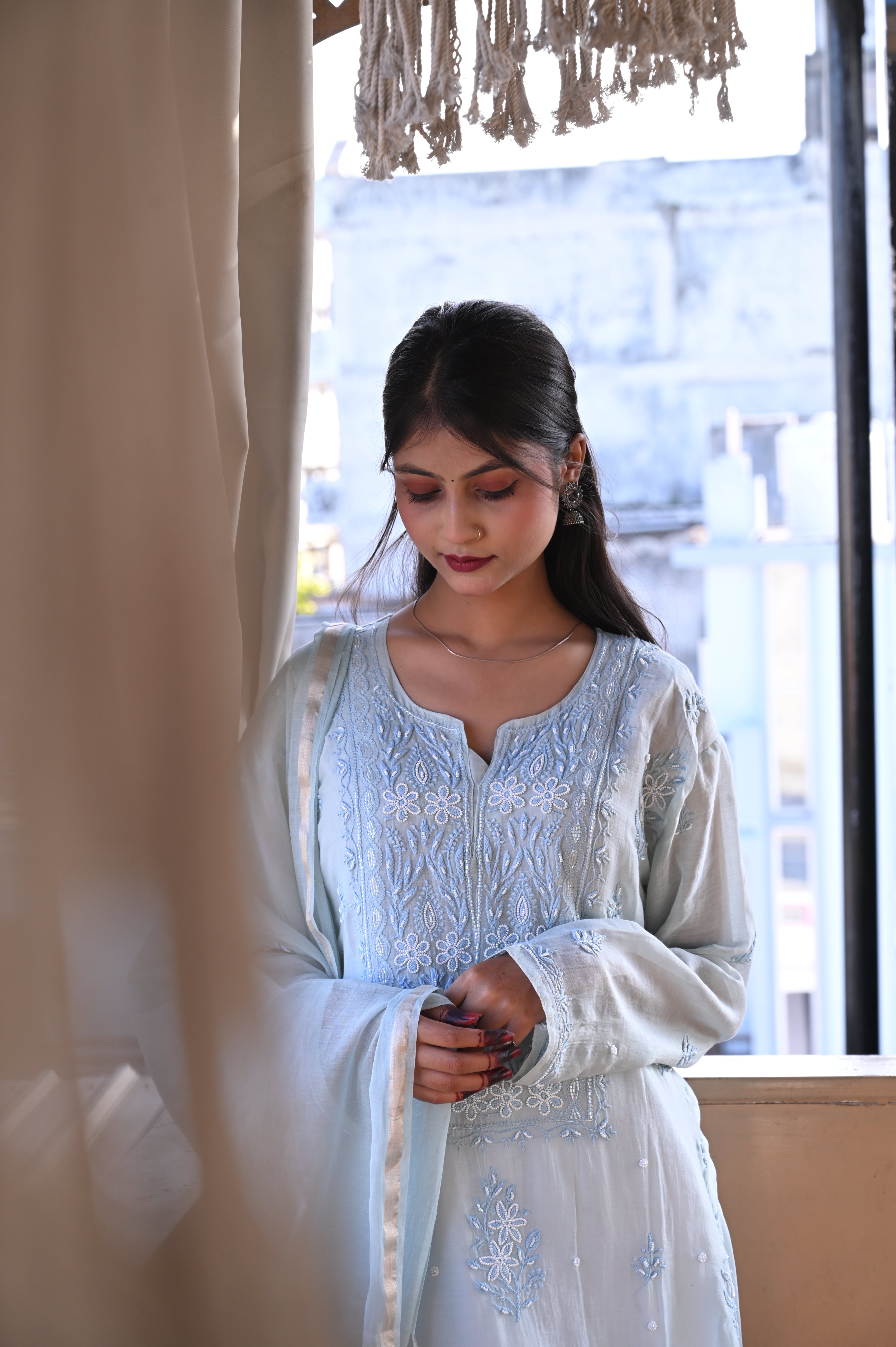 PURE MALMAL CHIKAN KAARI GALA BUTA SUIT WITH PEARL AND CUT DANA WORK