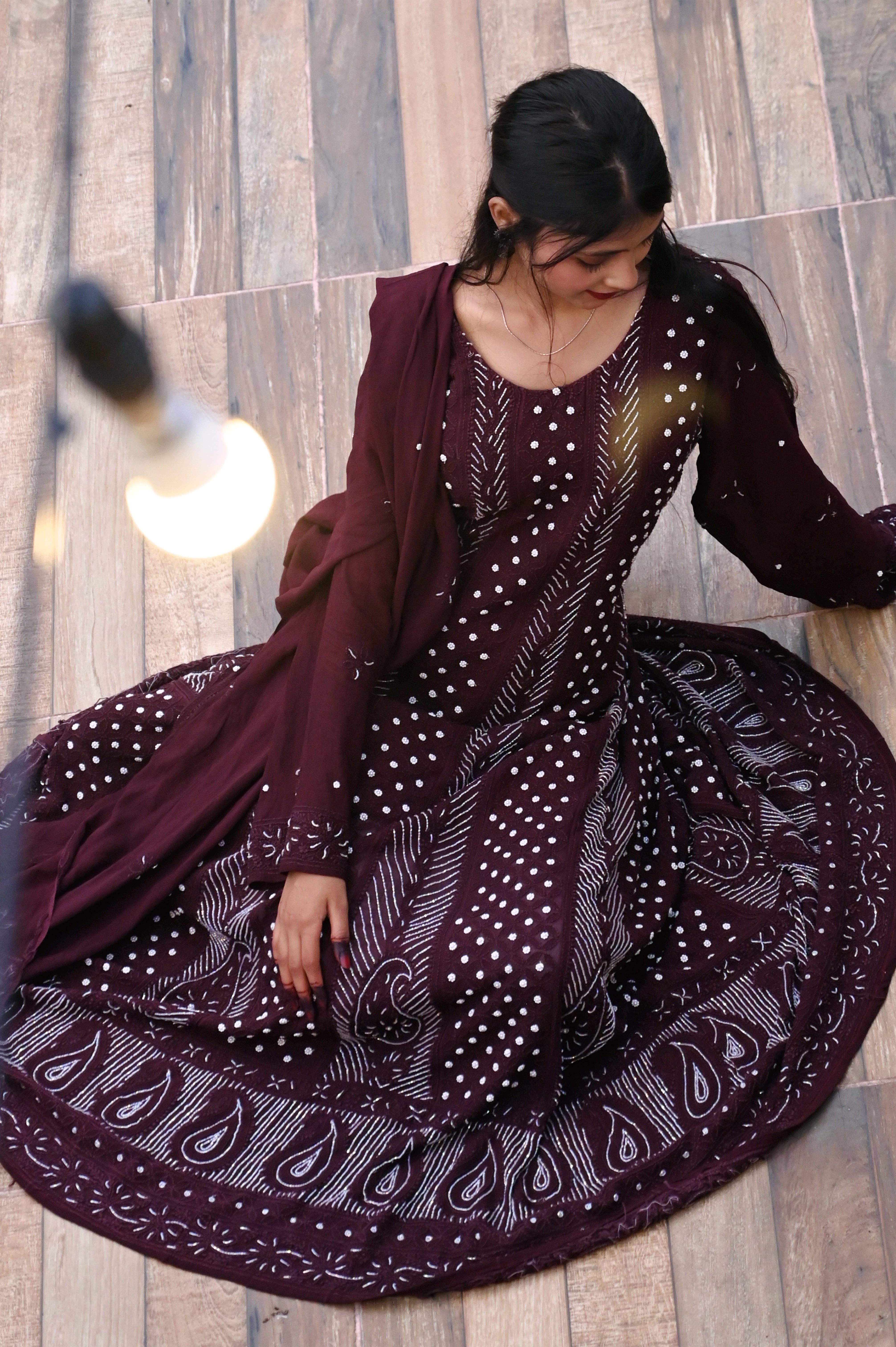 GEORGETT CHIKAN KAARI ANARKALI WITH PEARL WORK INCLUDING DUPATTA